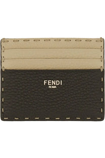 Fendi men’s card holder saddlery beige in black and beige textured leather with stitched edges and minimalist logo