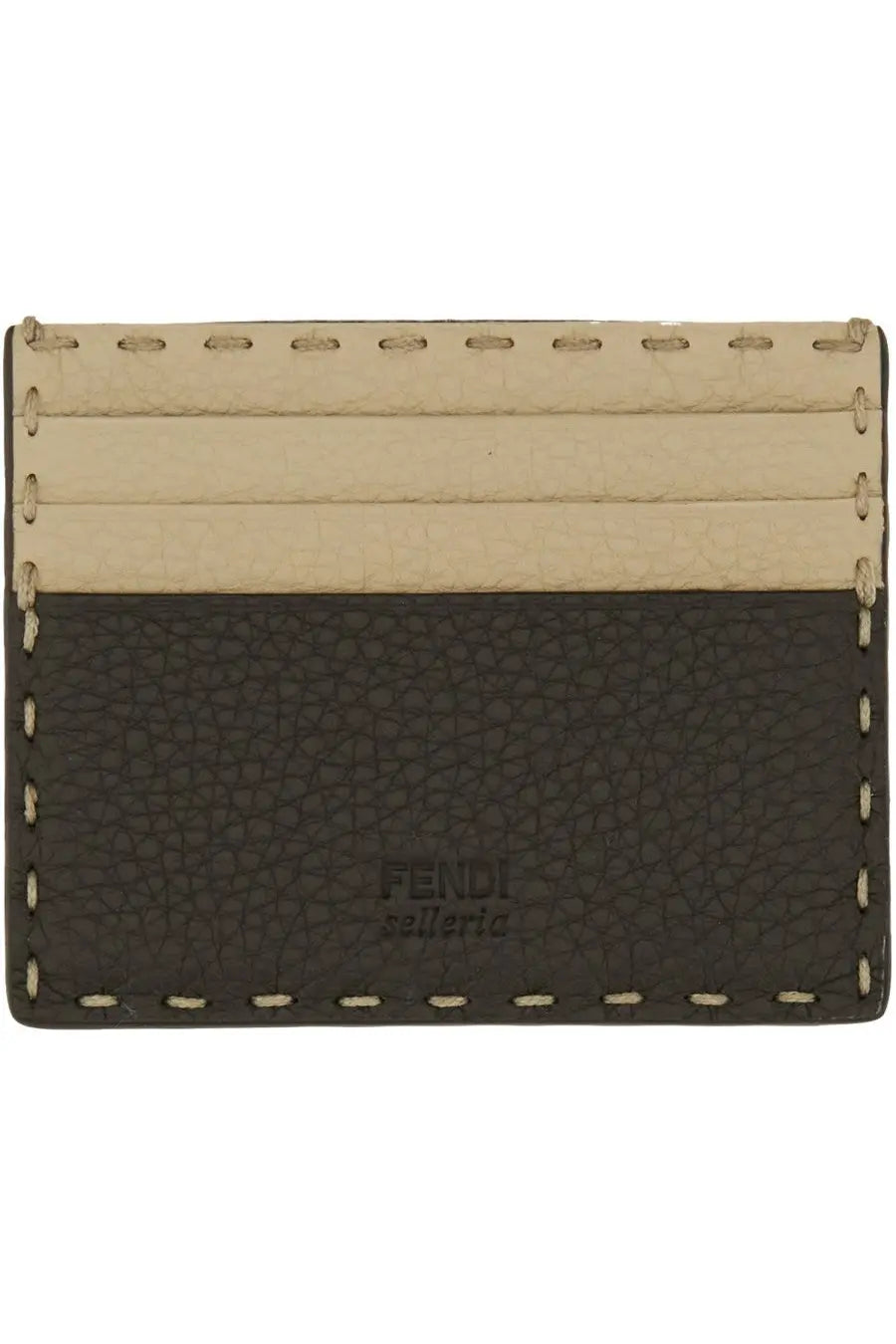 Fendi men’s card holder in dark brown textured leather with cream stitched panels and selleria logo embossed front