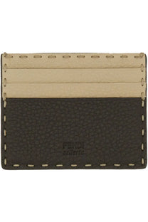 Fendi men’s card holder in dark brown textured leather with cream stitched panels and selleria logo embossed front