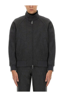 Fendi men’s cashmere blouson black dark gray textured wool bomber jacket with high collar and front zipper