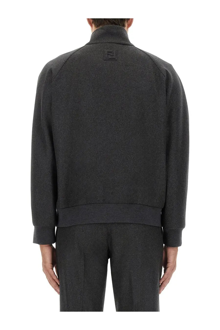 Dark gray wool-blend bomber jacket with subtle textured weave and small embroidered logo on the back by fendi