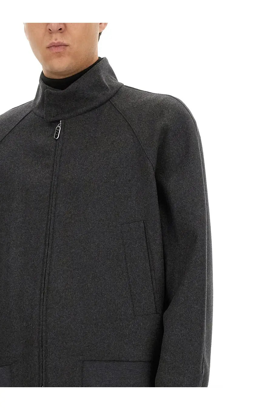 Fendi men’s black cashmere blouson dark gray wool blend zip-up jacket with high collar and front pockets
