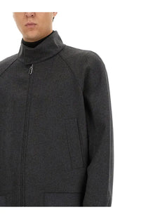 Fendi men’s black cashmere blouson dark gray wool blend zip-up jacket with high collar and front pockets