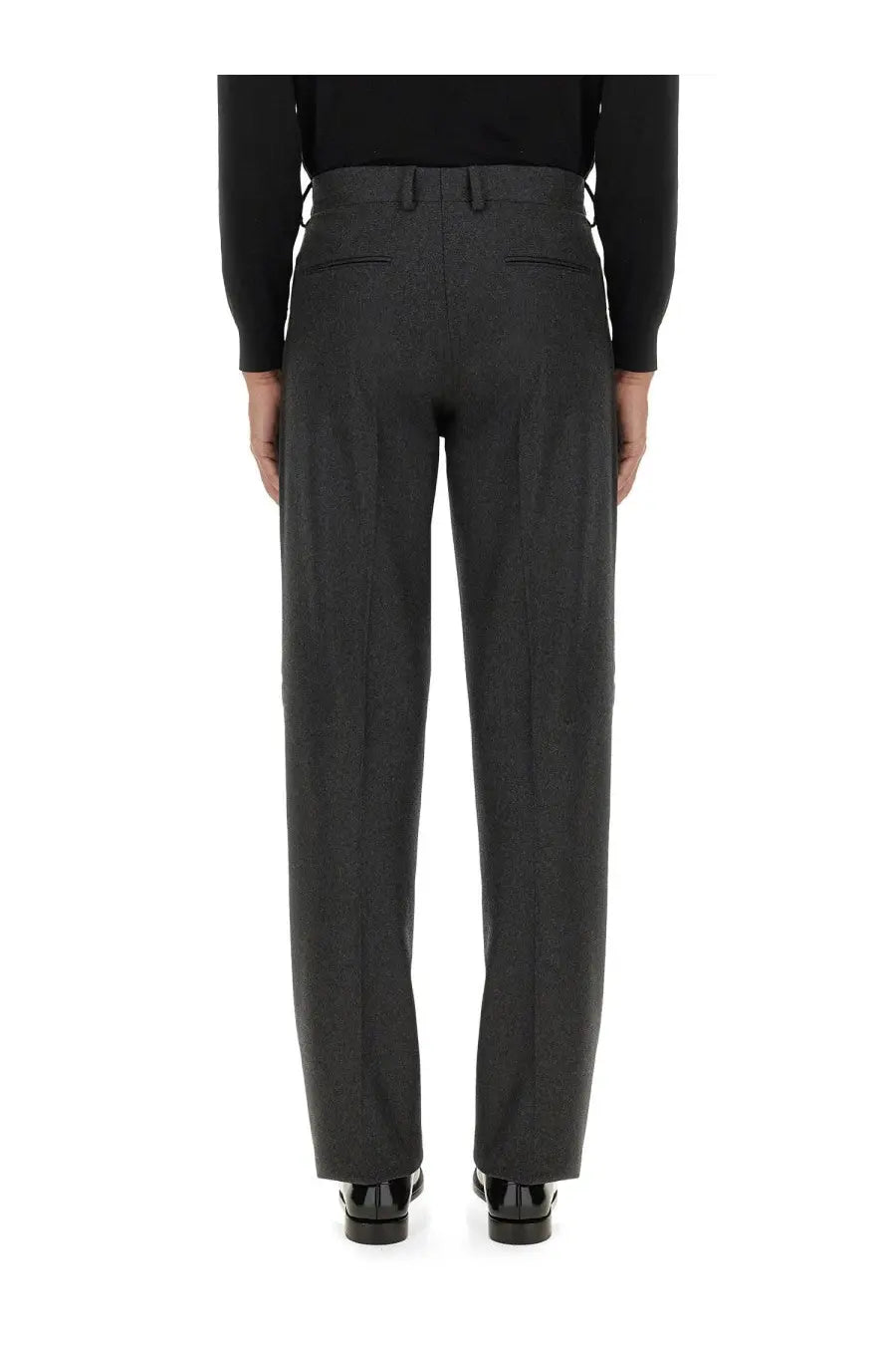 Fendi men’s cashmere dark gray wool trousers with tailored straight-leg cut and subtle pleats at the back