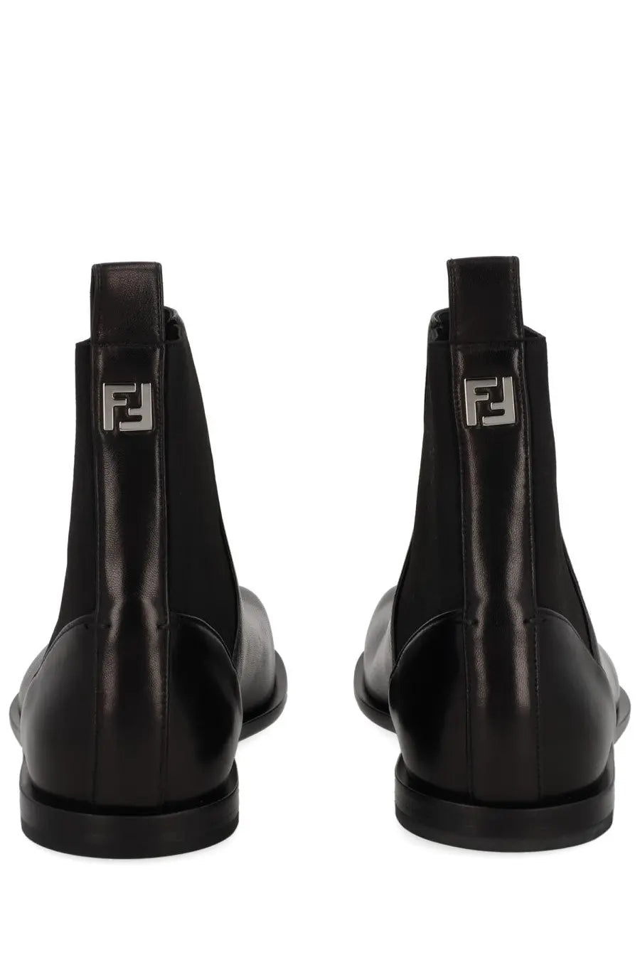 Black fendi men’s chelsea squared ff boot showing back with glossy leather and silver ff logo plaque