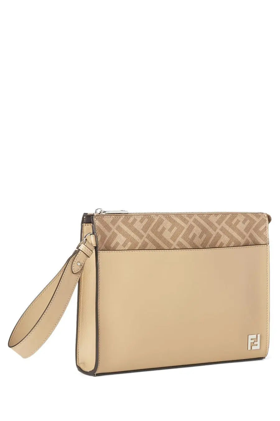 Fendi men’s clutch squared beige with beige smooth leather body, ff logo flap, wrist strap, and metallic hardware