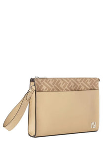 Fendi men’s clutch squared beige with beige smooth leather body, ff logo flap, wrist strap, and metallic hardware