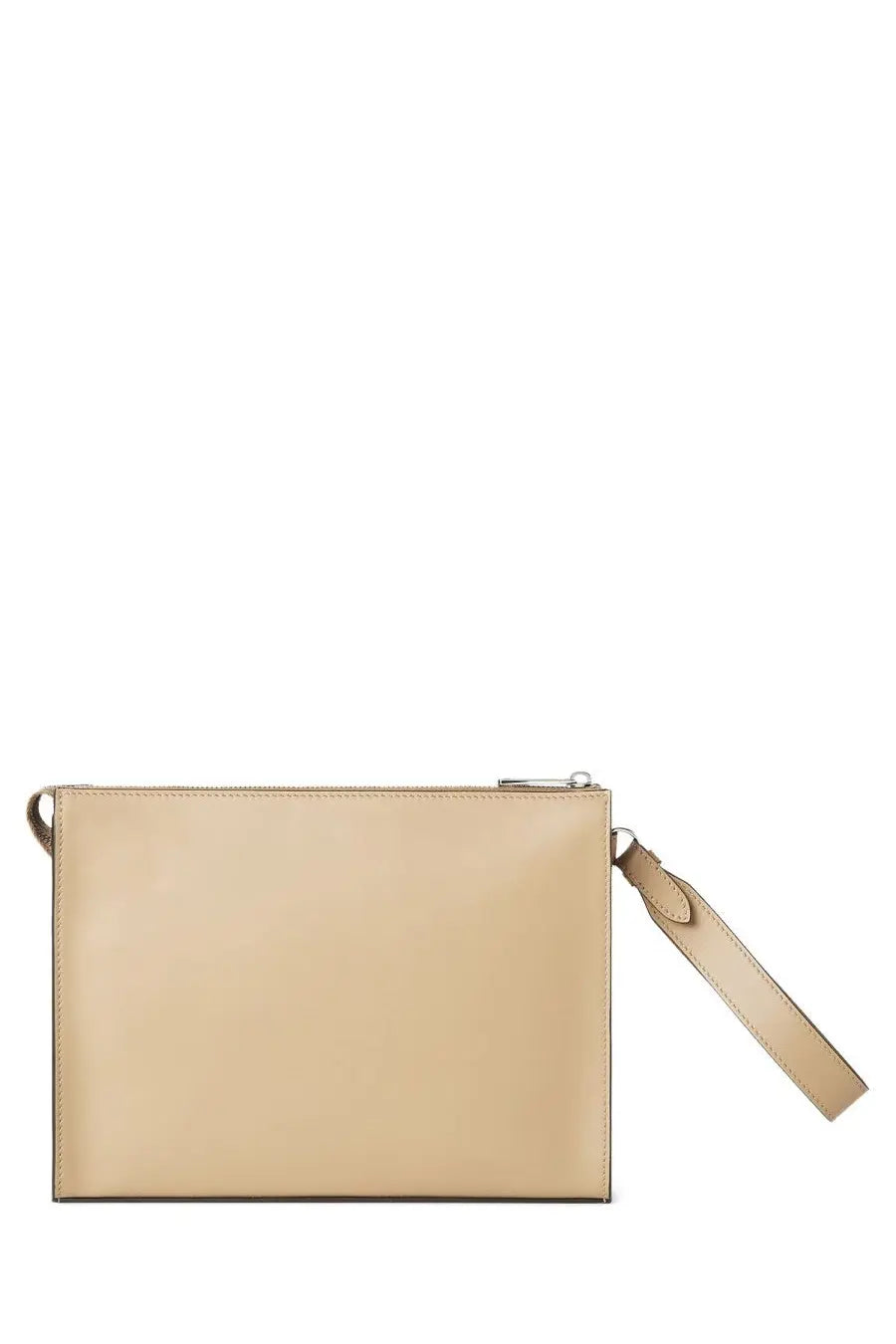 Beige leather fendi men’s clutch squared with minimalist design and matching wrist strap for easy carrying