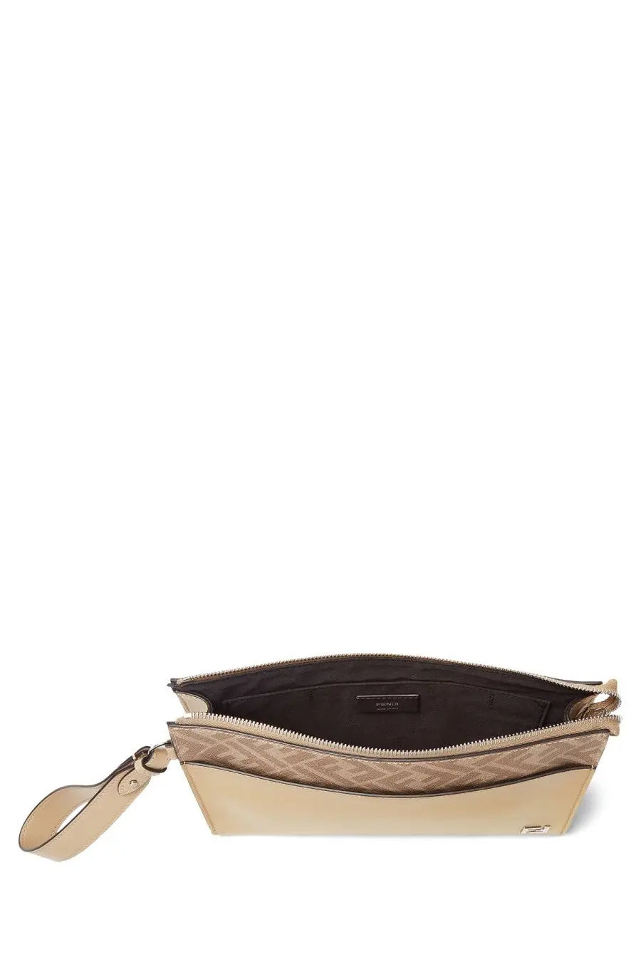 Fendi men’s clutch squared beige with repeating logo pattern and wrist strap in beige leather material