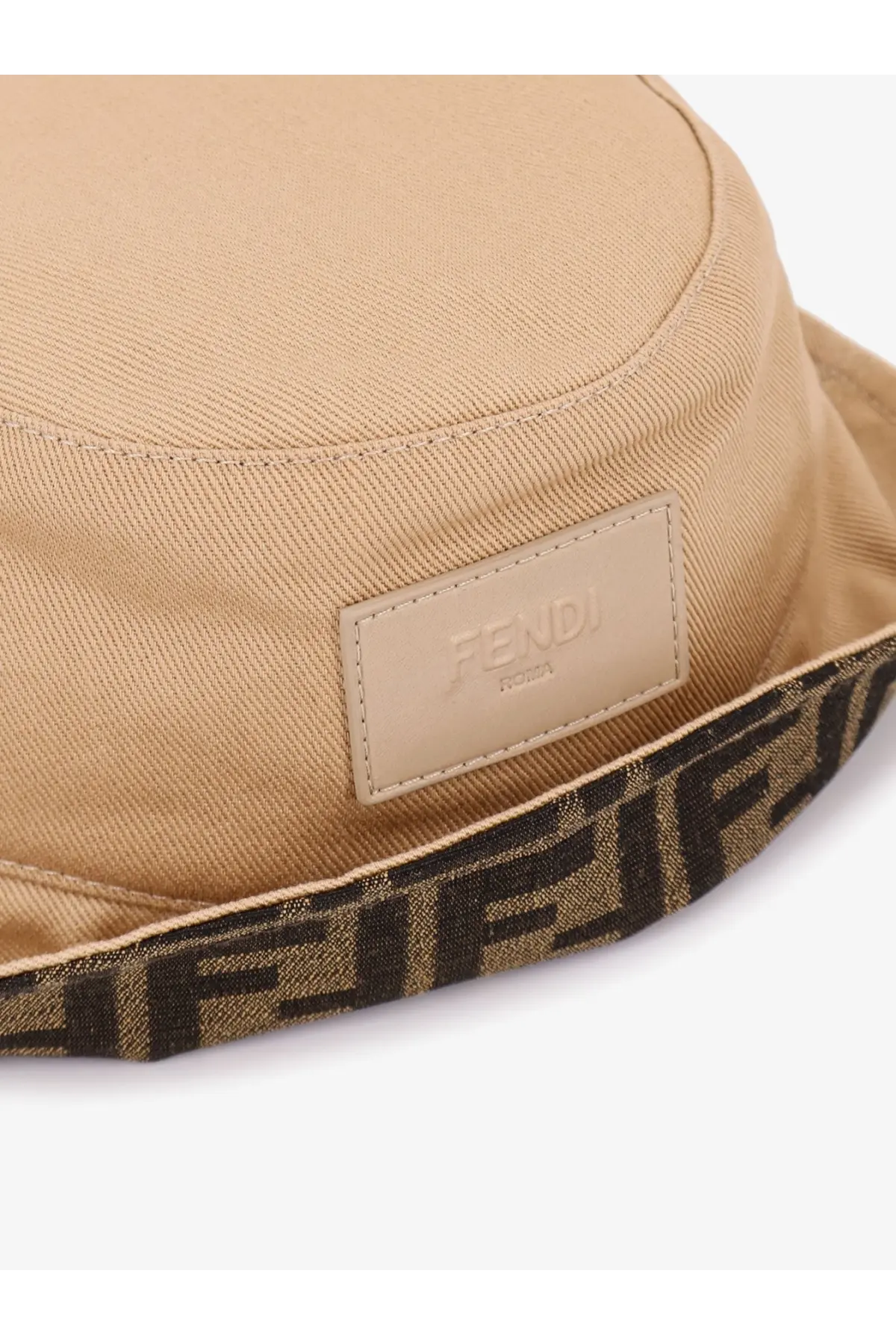 Beige Fendi men’s cotton bucket hat with brown and beige FF logo trim for stylish casual wear
