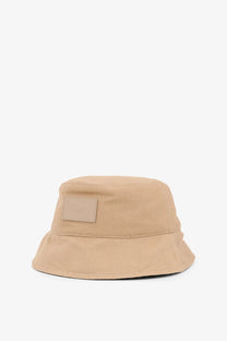 Beige cotton canvas bucket hat for men by Fendi with a matching leather patch on the front