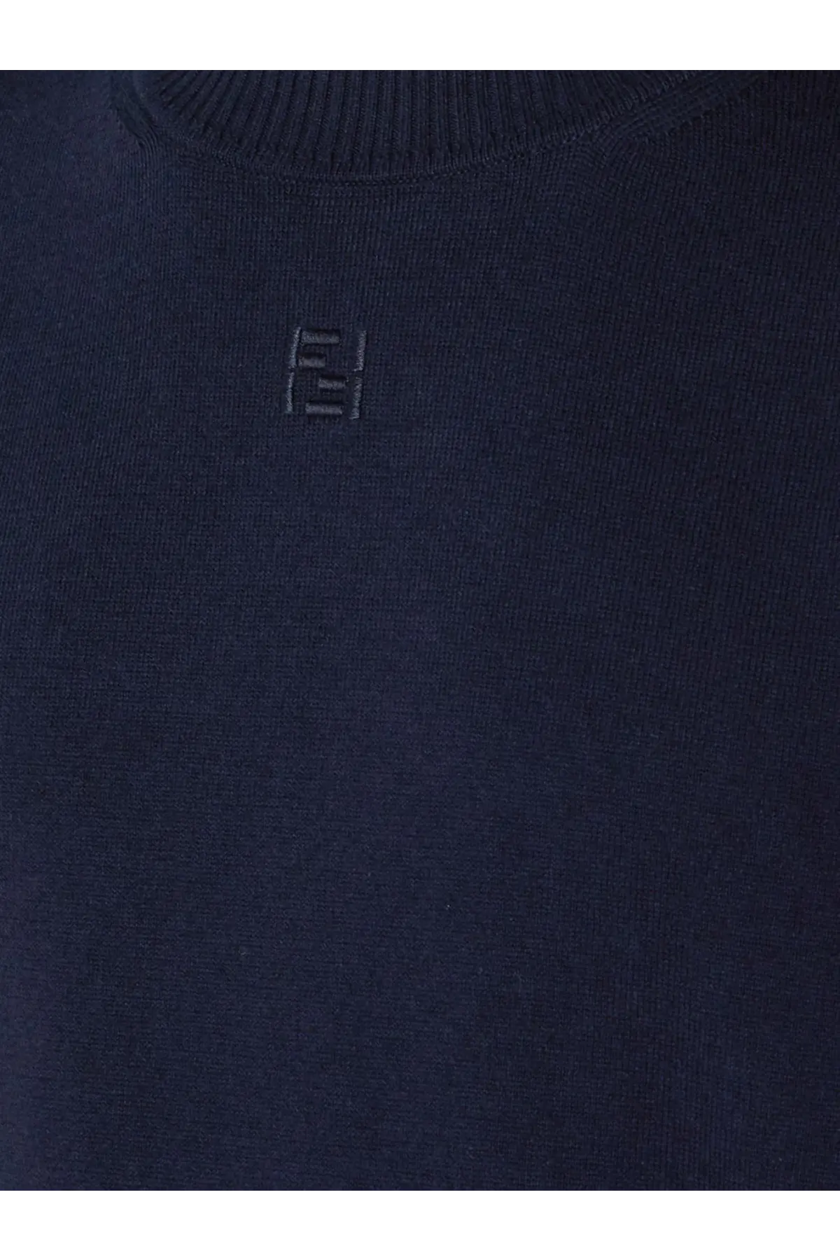 Fendi men’s dark blue ribbed knit cotton and cashmere sweater with subtle embroidered logo on the chest