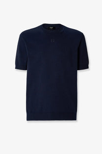 Navy blue fendi men’s cotton and cashmere short-sleeved knit sweater with ribbed cuffs and subtle chest logo embroidery