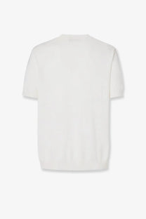 White minimalist short-sleeved knit top with crew neckline and ribbed hem in cotton and cashmere by fendi men