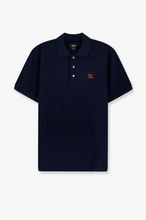Navy blue Fendi men’s cotton polo shirt with red embroidered logo and white buttons on the left chest