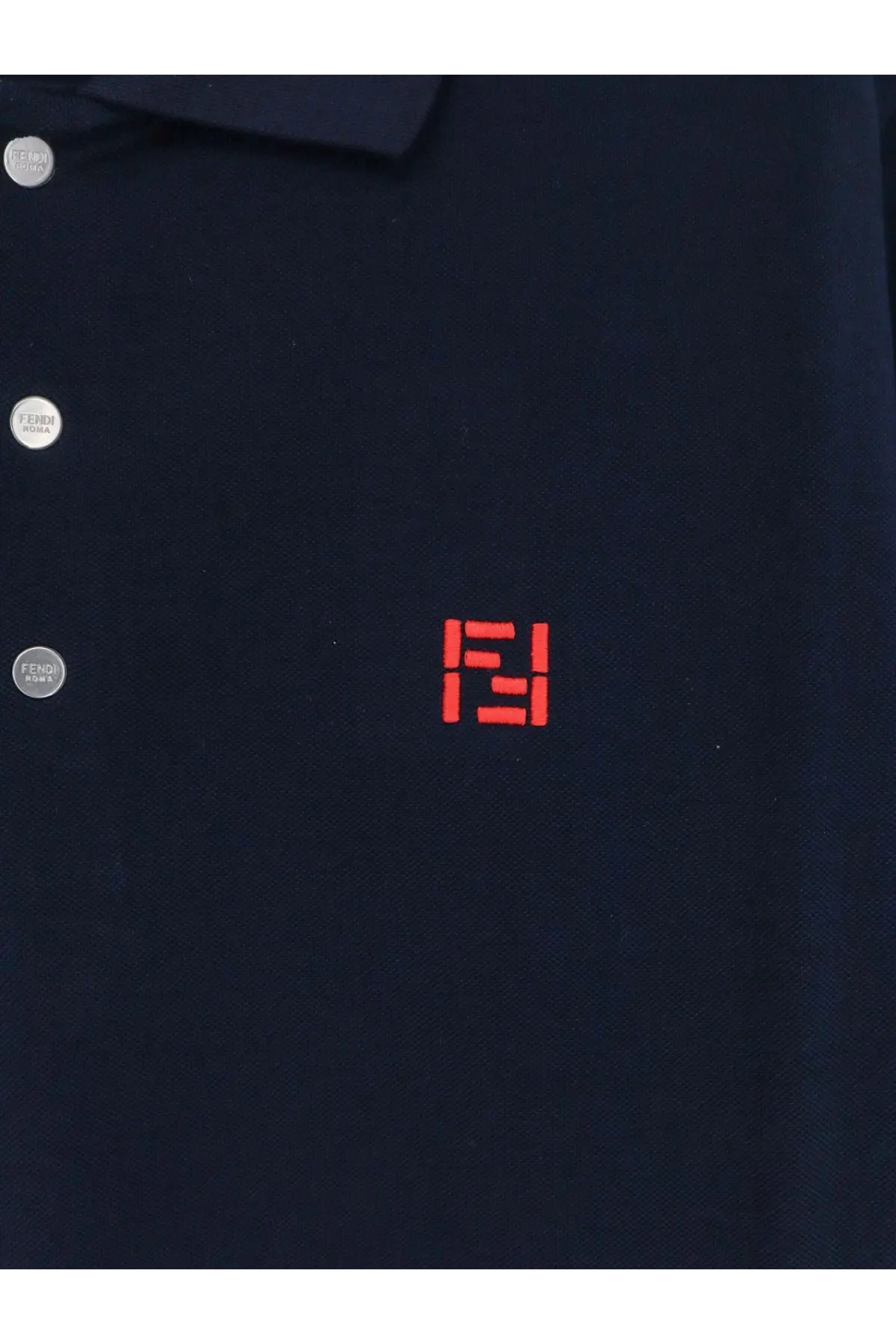 Navy blue Fendi men’s cotton polo shirt with red embroidered logo and silver buttons for casual wear
