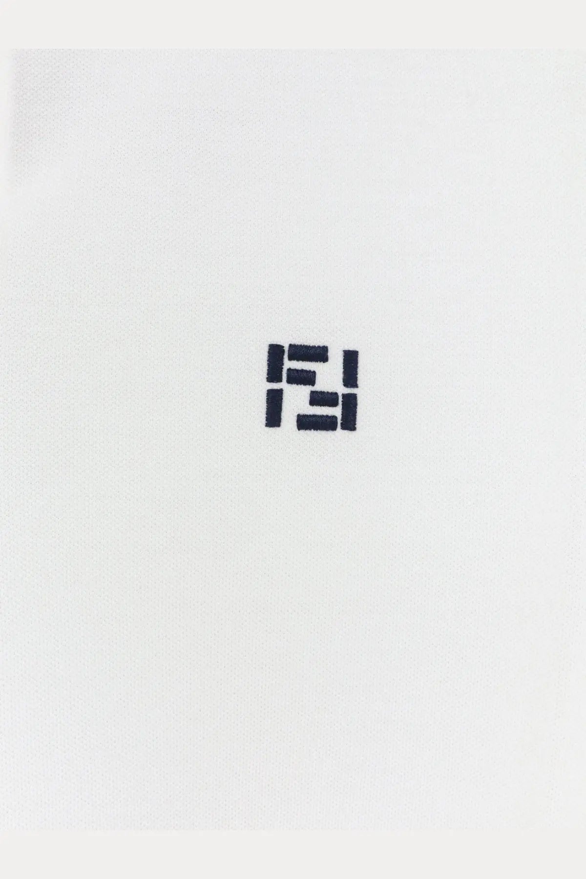 Black embroidered fendi logo on white cotton fabric of fendi mens cotton polo shirt front side
