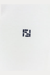 Black embroidered fendi logo on white cotton fabric of fendi mens cotton polo shirt front side