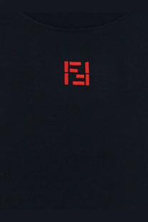Black cotton t-shirt for men featuring a glowing red digital fendi logo in a blue product collection