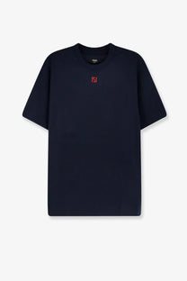 Black fendi men’s cotton t-shirt with a small red embroidered logo on the chest