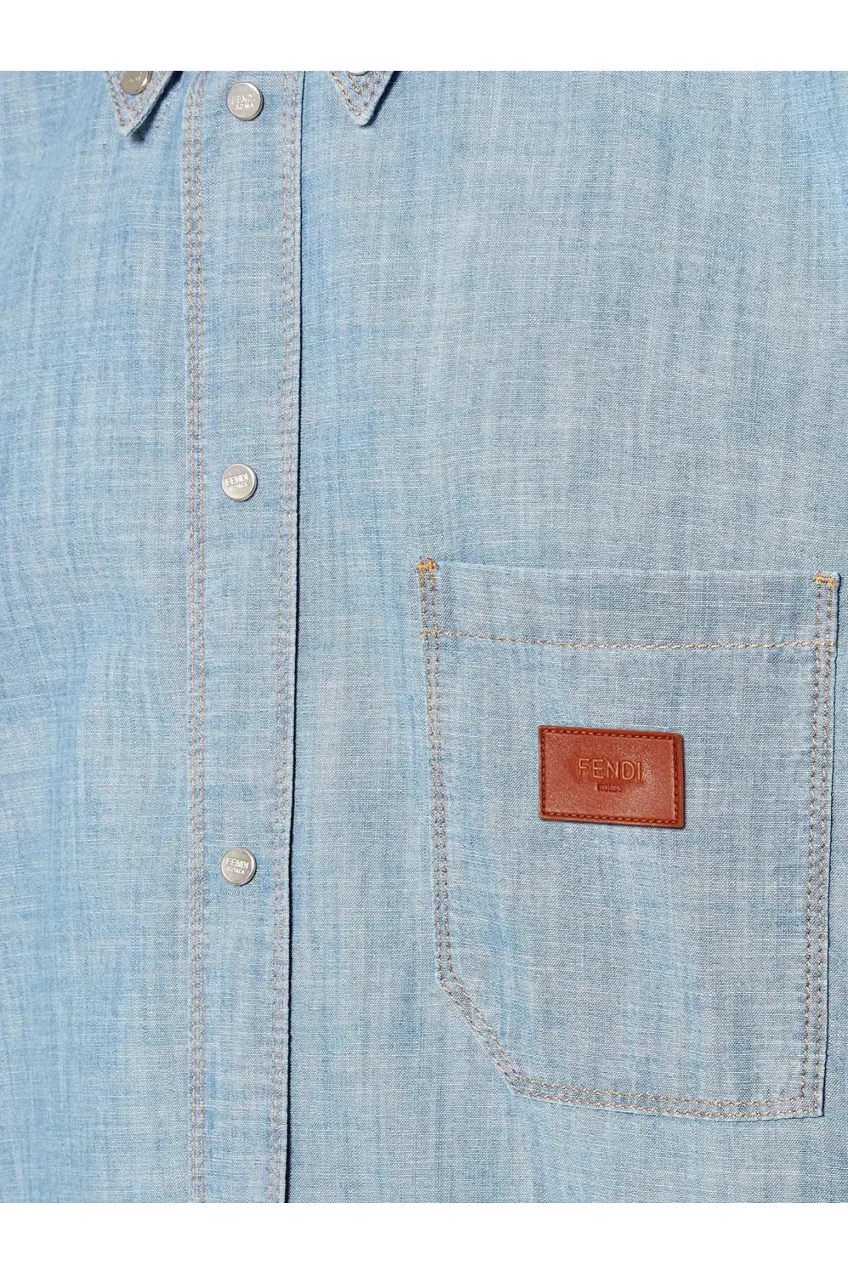 Fendi men’s cotton shirt blue light blue denim button up with silver buttons and brown leather Fendi chest patch