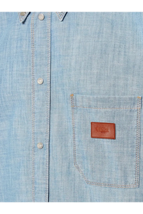 Fendi men’s cotton shirt blue light blue denim button up with silver buttons and brown leather Fendi chest patch