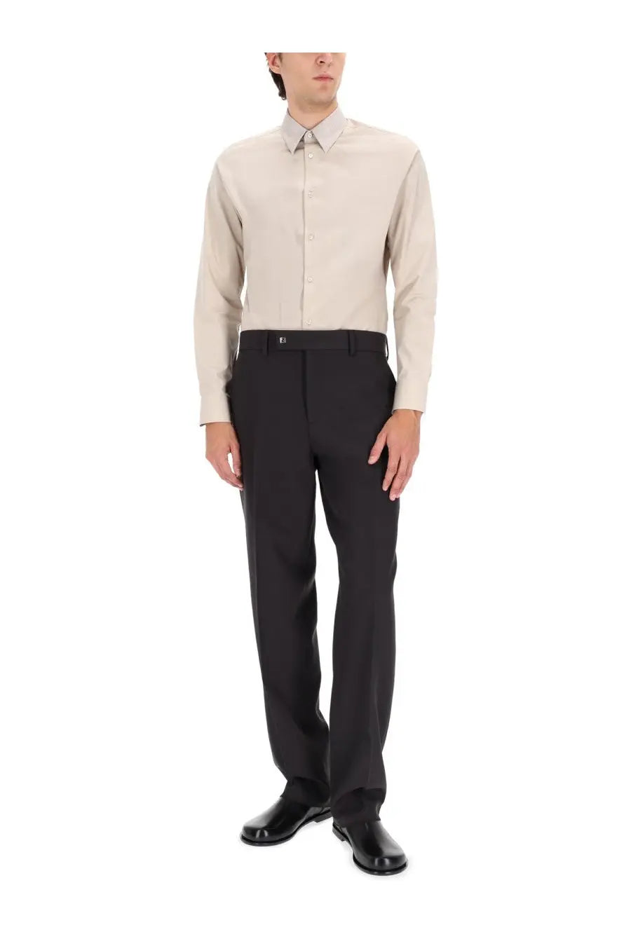 Black tailored trousers with sleek straight-leg cut and subtle front crease paired with fendi men’s cotton shirt white