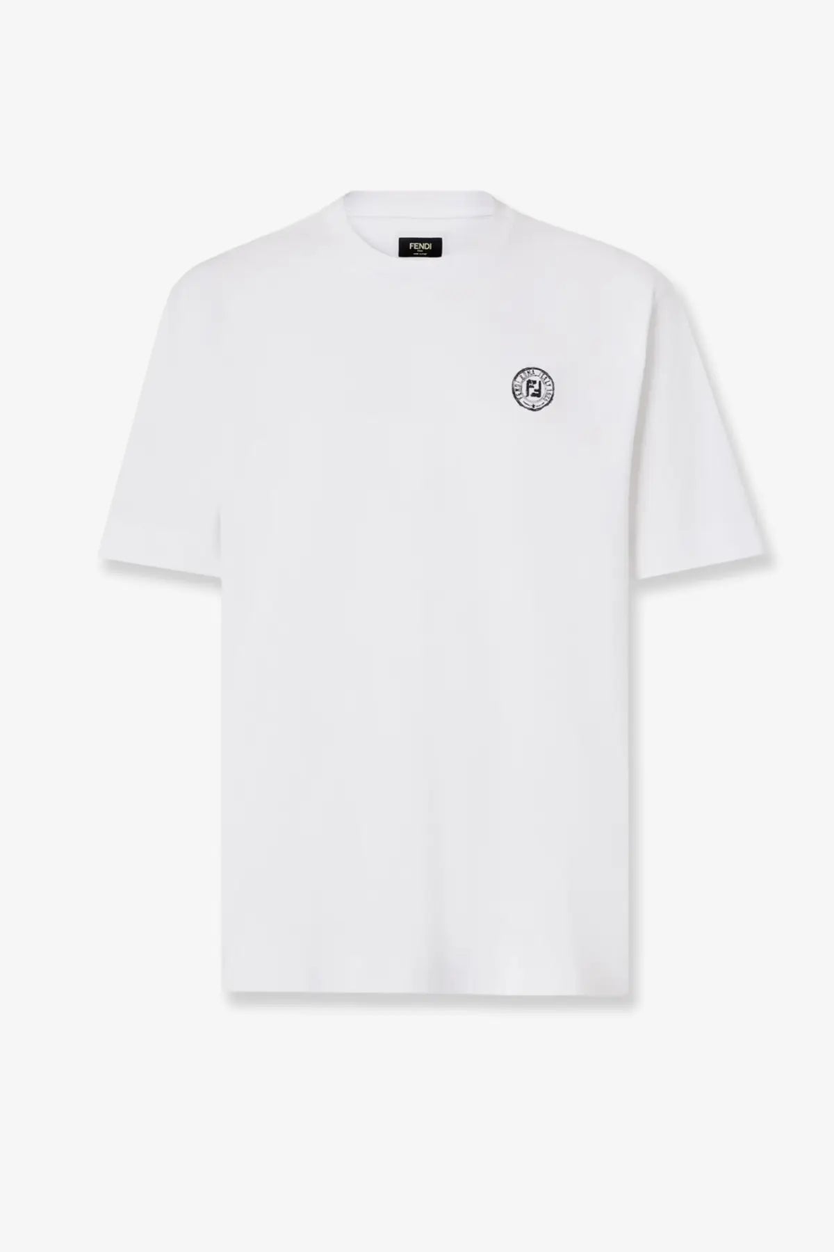 Fendi men’s white cotton t-shirt with a small black circular logo on the left chest and branded neckline tag