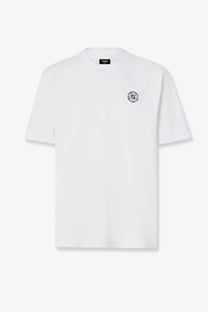 Fendi men’s white cotton t-shirt with a small black circular logo on the left chest and branded neckline tag