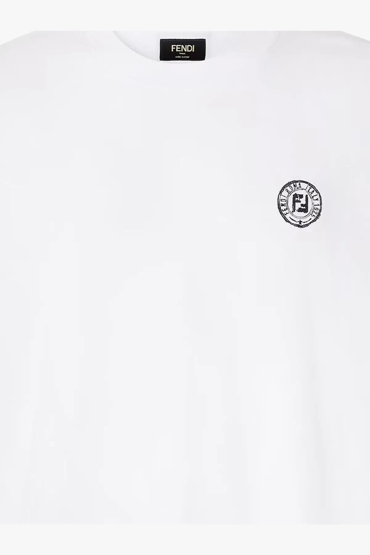 Fendi men’s white cotton t-shirt with black embroidered circular logo on chest and matching brand label at neckline