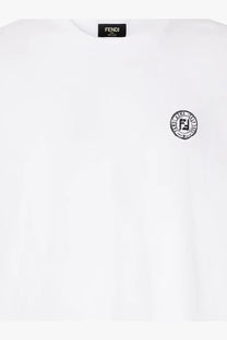 Fendi men’s white cotton t-shirt with black embroidered circular logo on chest and matching brand label at neckline