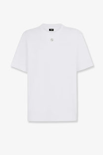 Fendi men’s white cotton t shirt with a minimalist logo patch on the chest and brand tag inside the collar