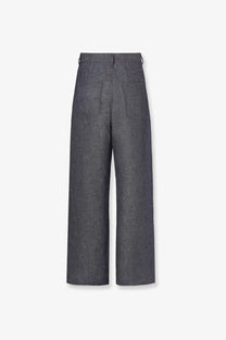 Back view of fendi men’s dark gray wide-leg cotton and silk trousers with subtle textured weave and two back pockets