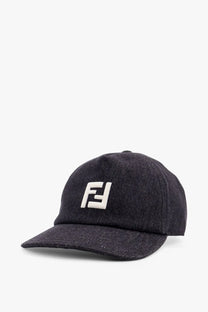 Black denim baseball cap with a prominent white Fendi logo embroidered on the front for men