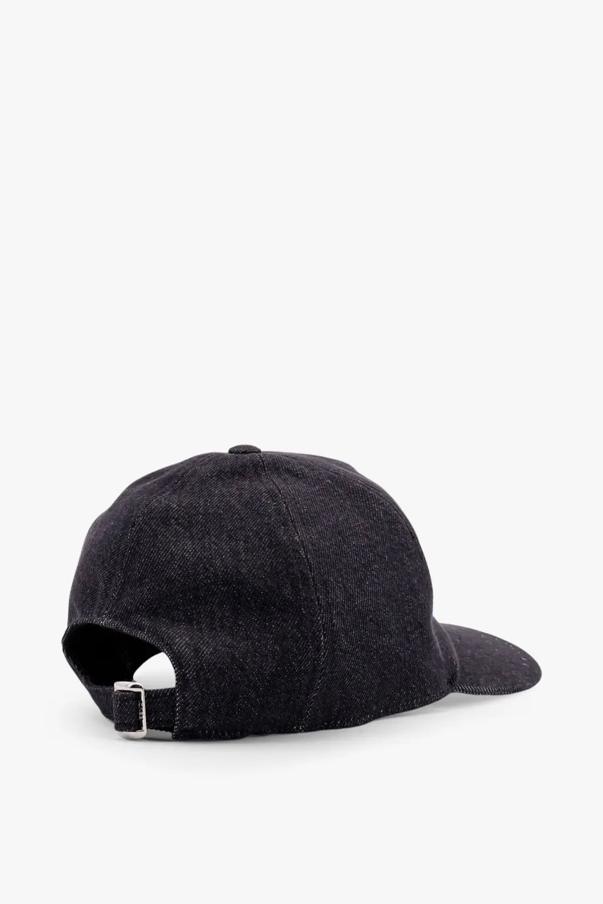 Black denim baseball cap from fendi featuring a silver buckle adjustment strap on the back side