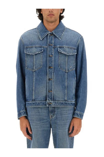 Fendi men’s medium-wash blue denim jacket with classic button-front closure and two chest pockets