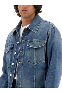 Fendi men’s blue denim jacket with white buttons and brown metal clasps showcasing a stylish casual look