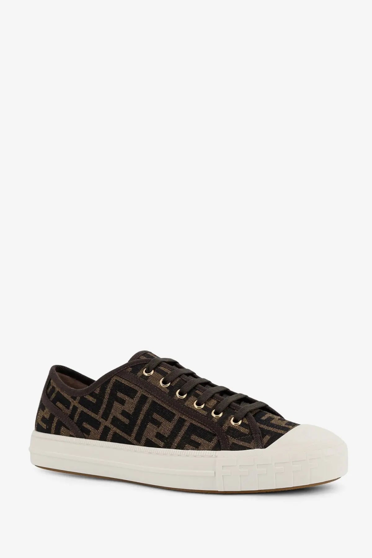 Fendi men’s black domino sneakers with brown ff jacquard fabric upper black laces and white rubber sole