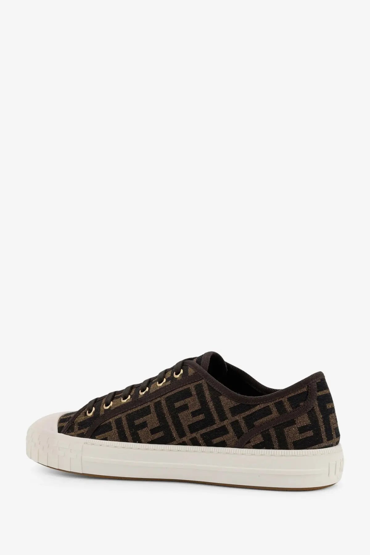 Brown fendi domino ff jacquard fabric sneakers with monogram canvas upper white sole and black laces for men