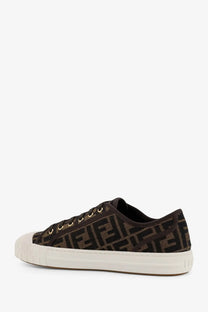 Brown fendi domino ff jacquard fabric sneakers with monogram canvas upper white sole and black laces for men