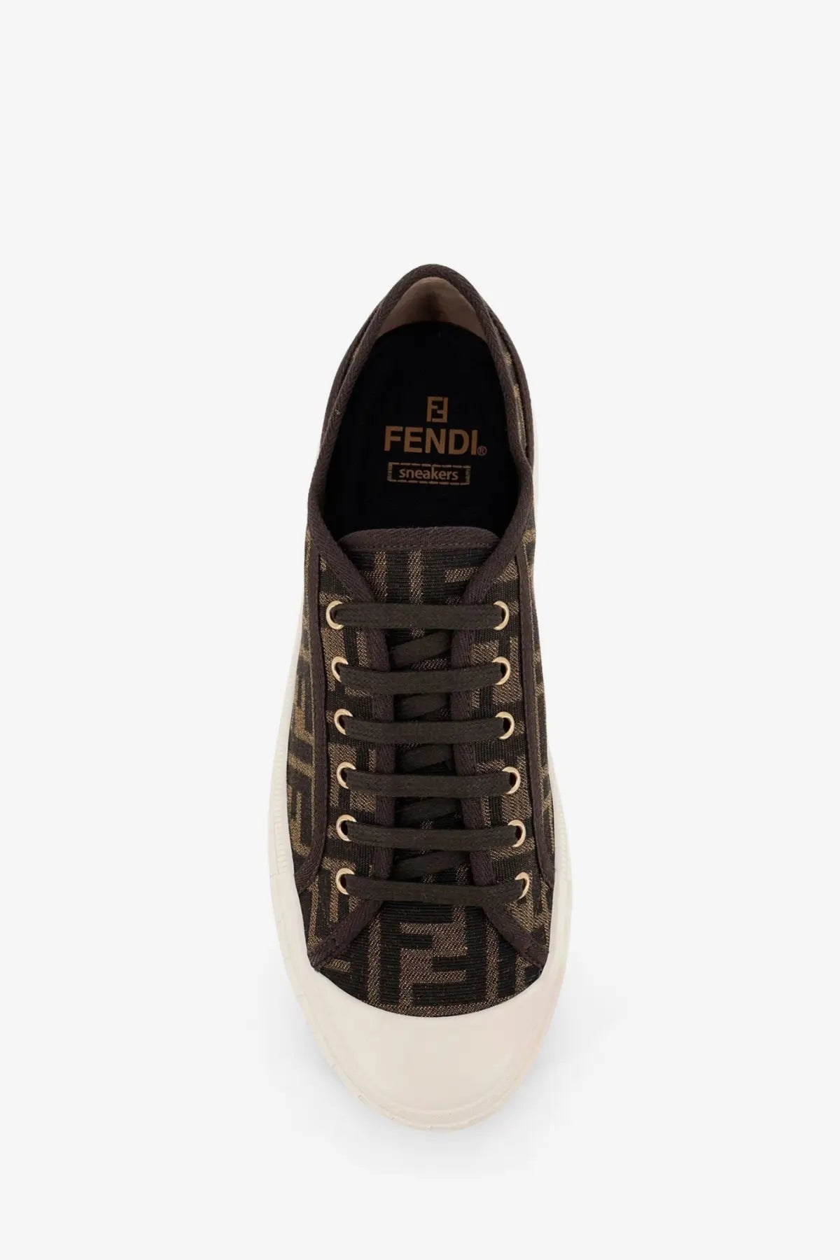 Fendi men’s domino ff jacquard fabric sneakers in black with brown ff monogram canvas low-top design and cream sole