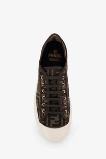 Fendi men’s domino ff jacquard fabric sneakers in black with brown ff monogram canvas low-top design and cream sole