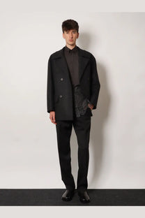 Fendi men’s double breasted wool felt peacoat in grey with subtle texture and structured silhouette