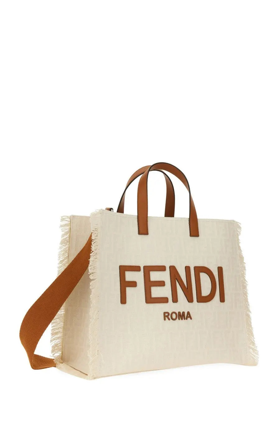 Fendi men’s ff jacquard cream canvas tote bag with brown leather handles and bold fendi roma lettering