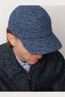 Fendi men’s ff jacquard denim baseball hat in blue featuring a repeating white fendi logo pattern