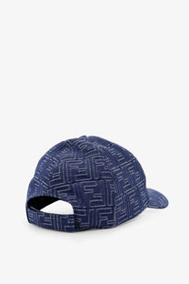 Fendi men’s blue jacquard denim baseball hat with repeating interlocking ff logo pattern in lighter blue thread