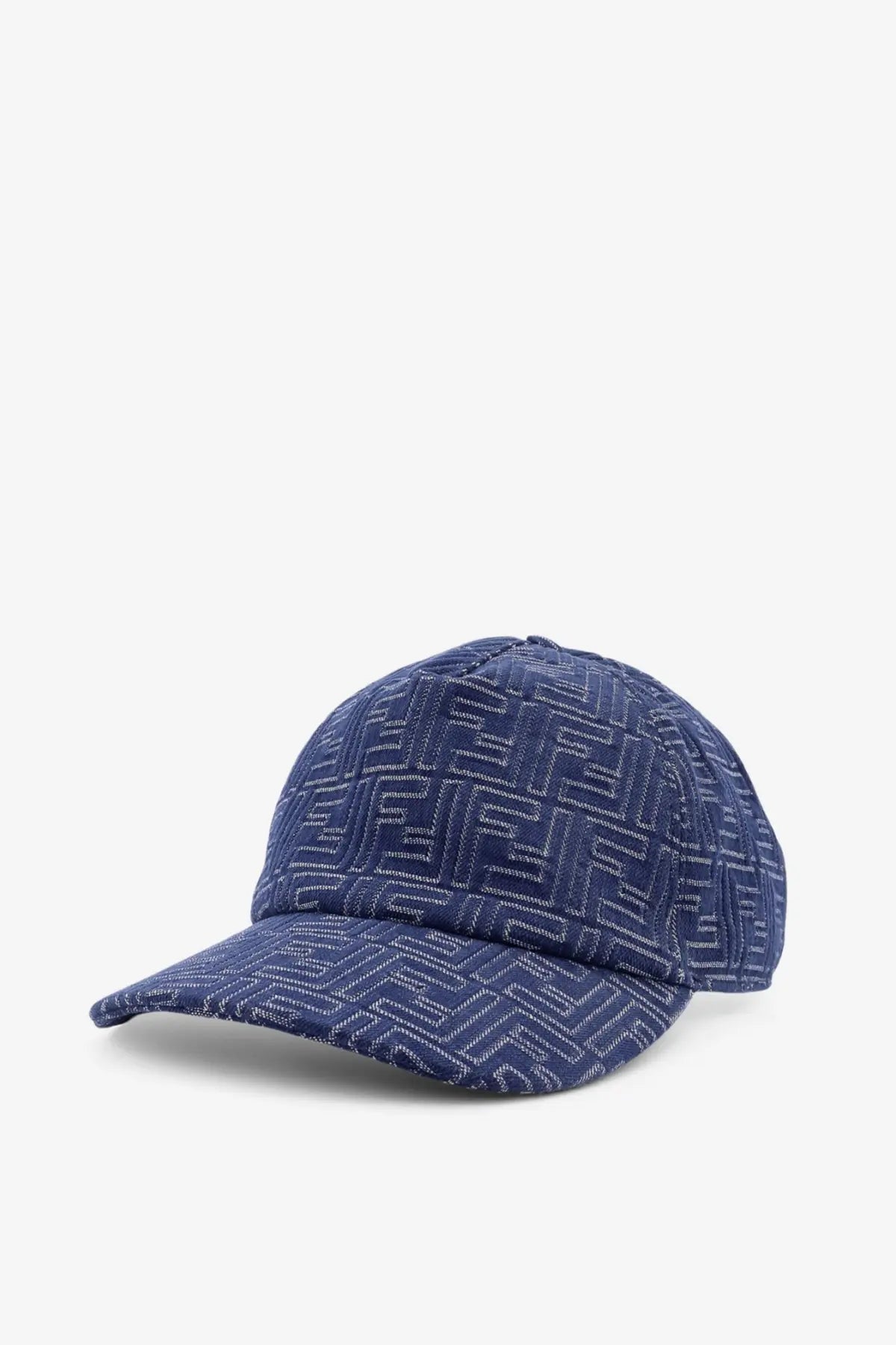 Dark blue Fendi men’s baseball hat featuring repeating FF jacquard logo pattern on denim material