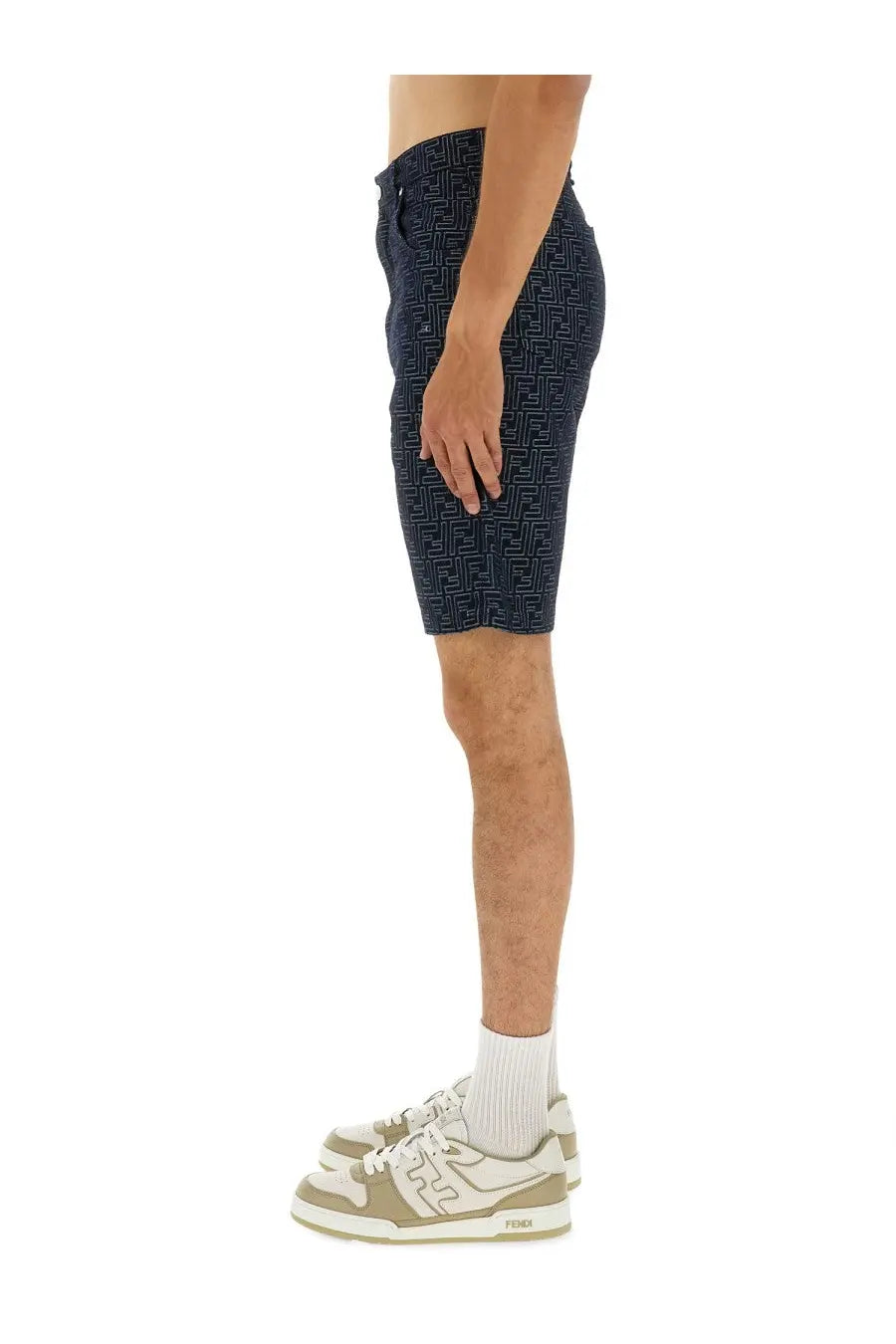 Dark blue Fendi men’s FF jacquard denim shorts with repeating geometric pattern in textured fabric