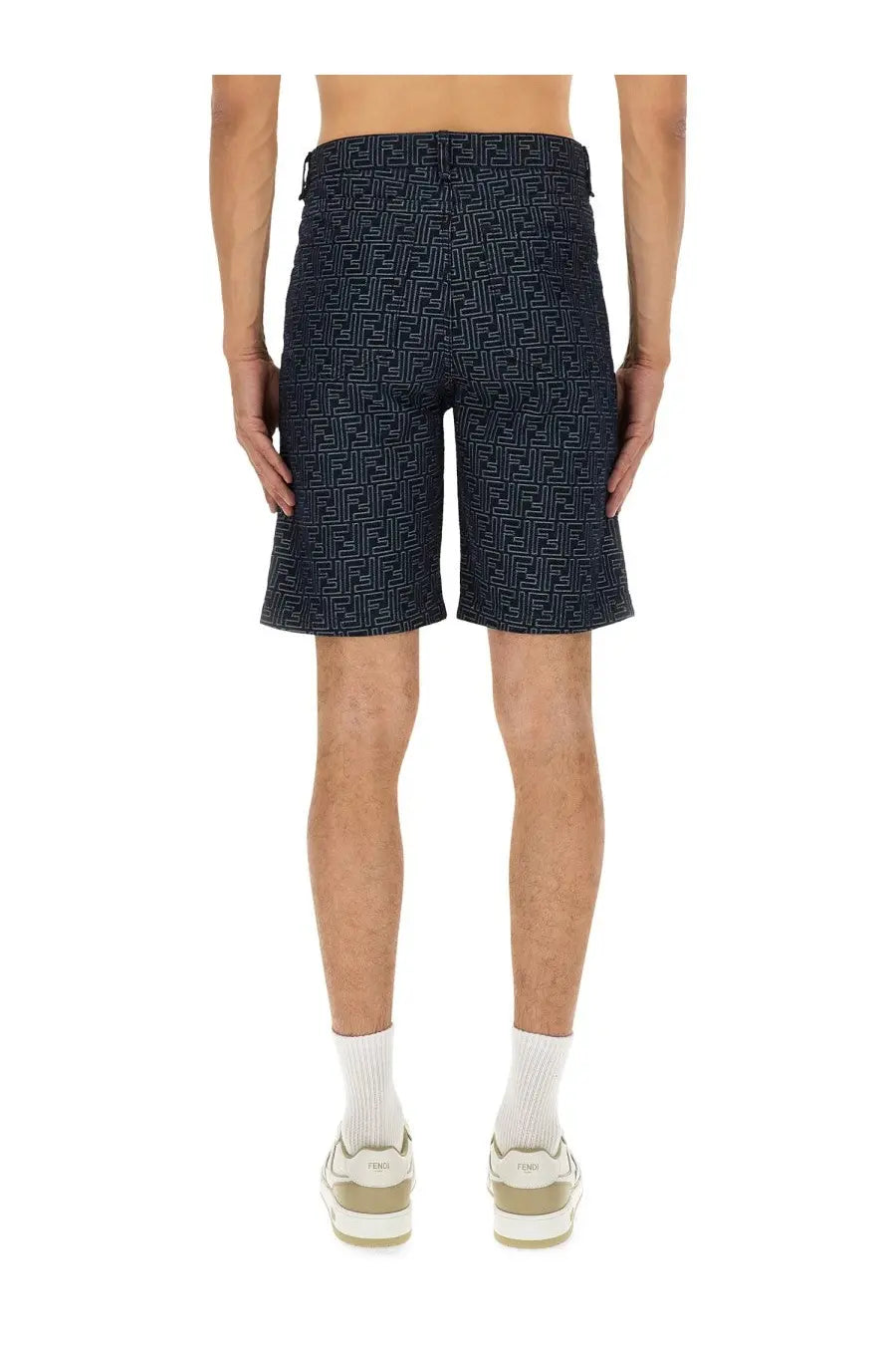 Fendi men’s blue ff jacquard denim shorts with a tailored fit and repeating lighter navy geometric pattern