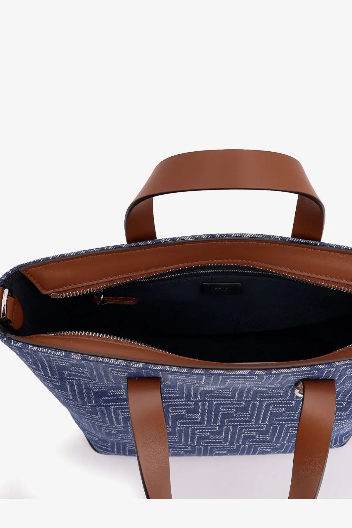 Fendi men’s beige ff jacquard fabric and leather shopping bag with blue patterned tote and brown leather handles and trim